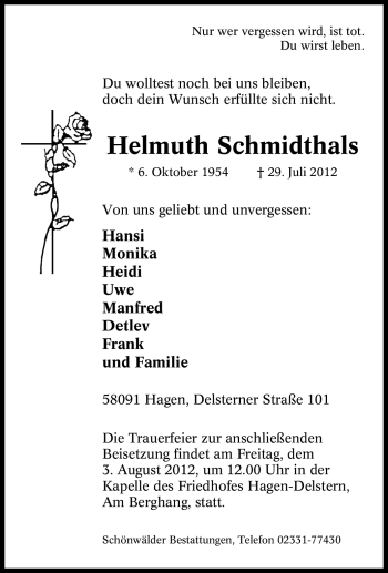 Traueranzeige von Helmuth Schmidthals von Tageszeitung