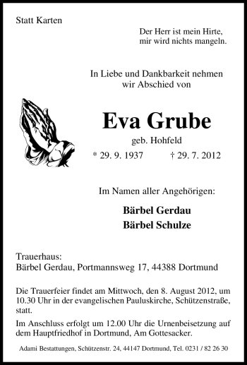 Traueranzeige von Eva Grube von Tageszeitung