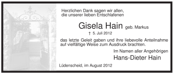 Traueranzeige von Gisela Hain von Tageszeitung