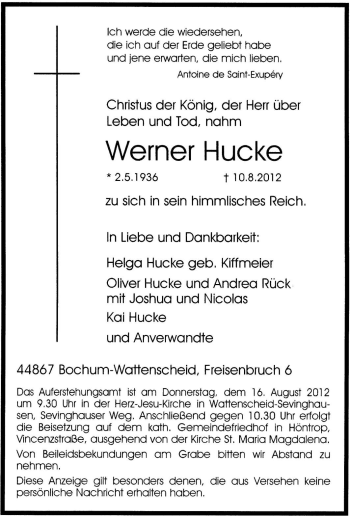 Traueranzeige von Werner Hucke von Tageszeitung