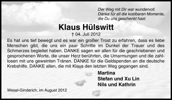 Traueranzeige von Klaus Hülswitt von Tageszeitung
