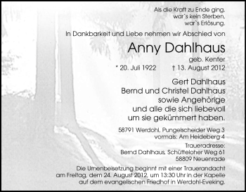 Traueranzeige von Anny Dahlhaus von Tageszeitung