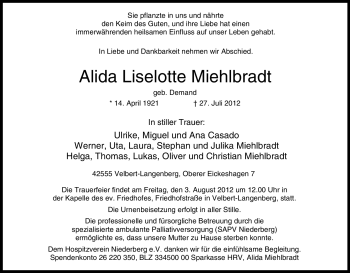 Traueranzeige von Alida Liselotte Miehlbradt von Tageszeitung