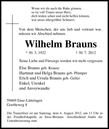 Traueranzeige von Wilhelm Brauns von Tageszeitung
