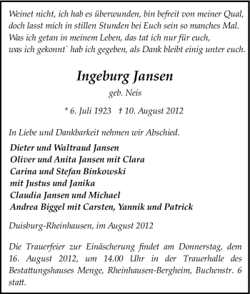 Traueranzeige von Ingeburg Jansen von Tageszeitung