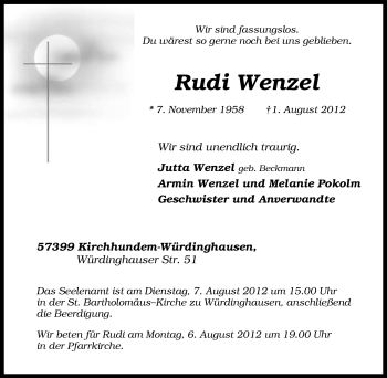 Traueranzeige von Rudi Wenzel von Tageszeitung