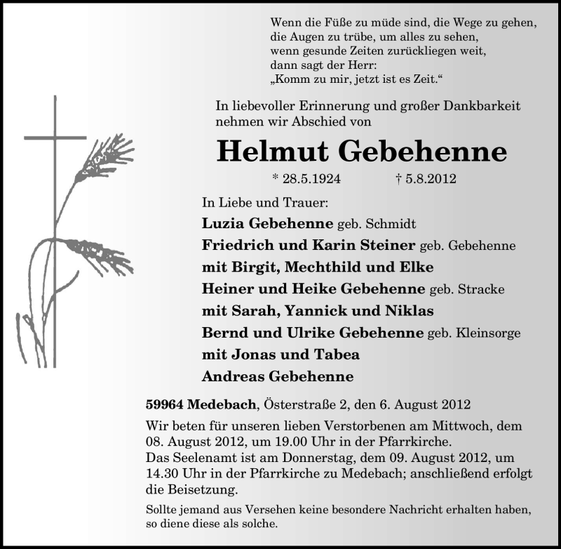  Traueranzeige für Helmut Gebehenne vom 07.08.2012 aus Tageszeitung
