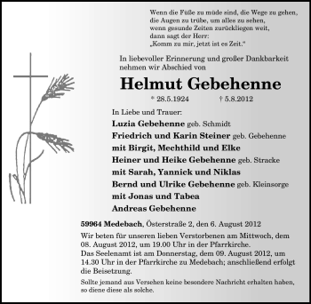 Traueranzeige von Helmut Gebehenne von Tageszeitung