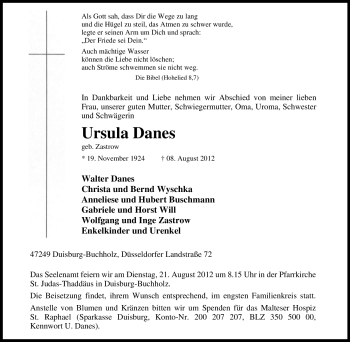 Traueranzeige von Ursula Danes von Tageszeitung