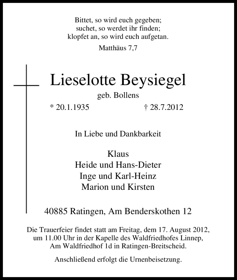  Traueranzeige für Lieselotte Beysiegel vom 04.08.2012 aus Tageszeitung