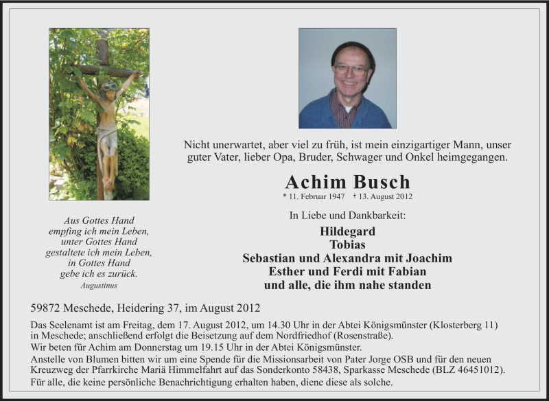  Traueranzeige für Achim Busch vom 15.08.2012 aus Tageszeitung