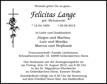 Traueranzeige von Felicitas Lange von Tageszeitung