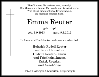 Traueranzeige von Emma Reuter von Tageszeitung