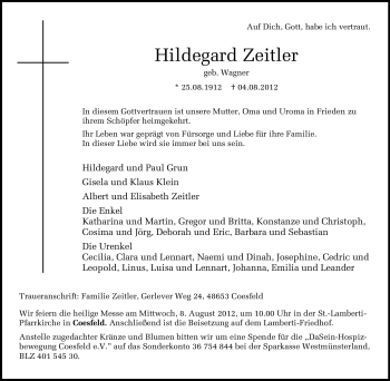 Traueranzeige von Hildegard Zeitler von Tageszeitung
