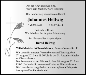 Traueranzeige von Johannes Hellwig von Tageszeitung