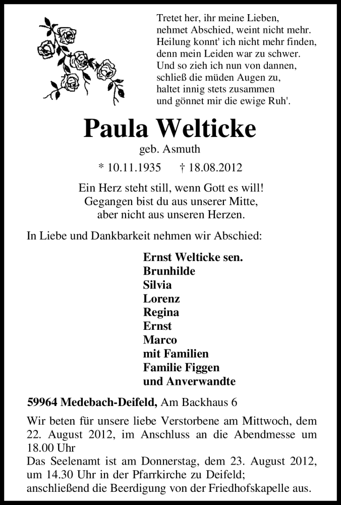  Traueranzeige für Paula Welticke vom 20.08.2012 aus Tageszeitung