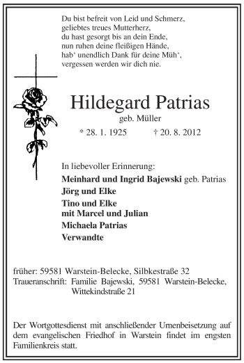 Traueranzeige von Hildegard Patrias von Tageszeitung