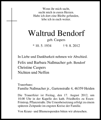 Traueranzeige von Waltrud Bendorf von Tageszeitung