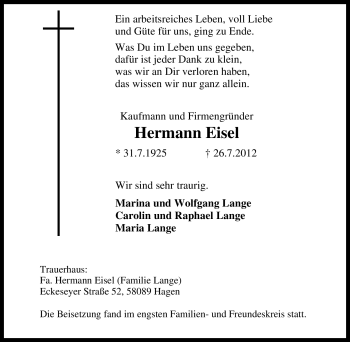 Traueranzeige von Hermann Eisel von Tageszeitung