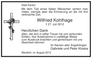 Traueranzeige von Wilfried Kohlhage von Tageszeitung