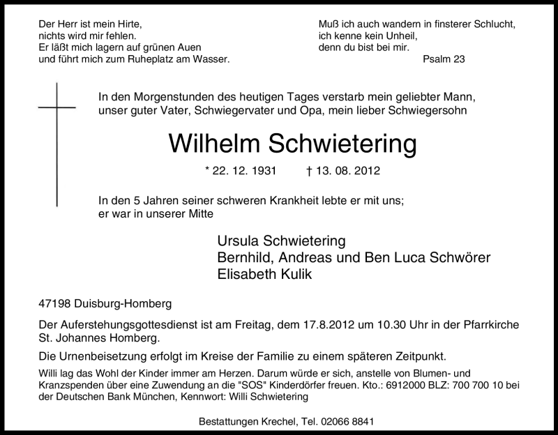  Traueranzeige für Wilhelm Schwietering vom 15.08.2012 aus Tageszeitung