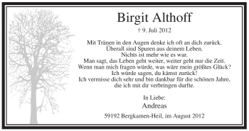 Traueranzeige von Birgit Althoff von Tageszeitung