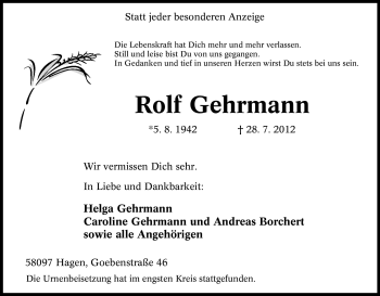 Traueranzeige von Rolf Gehrmann von Tageszeitung