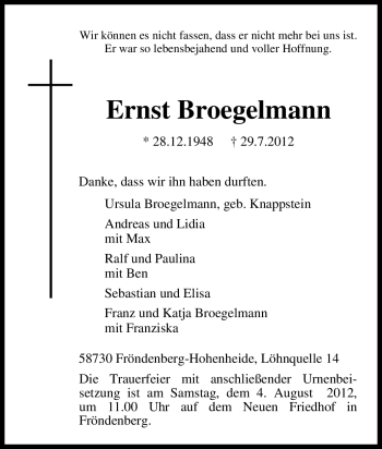 Traueranzeige von Ernst Broegelmann von Tageszeitung