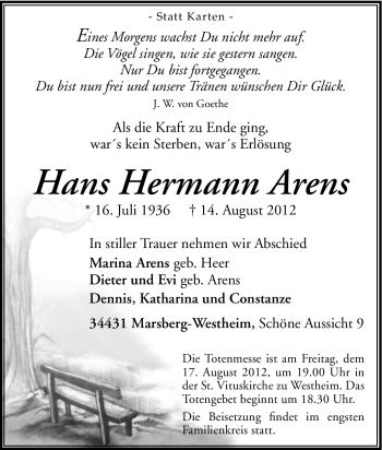 Traueranzeige von Hans Hermann Arens von Tageszeitung