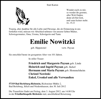 Traueranzeige von Emilie Nowitzki von Tageszeitung