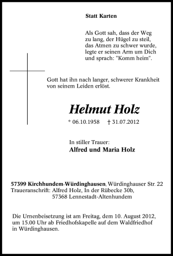 Traueranzeige von Helmut Holz von Tageszeitung