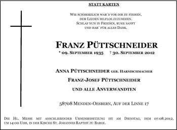 Traueranzeige von Franz Püttenschneider von Tageszeitung