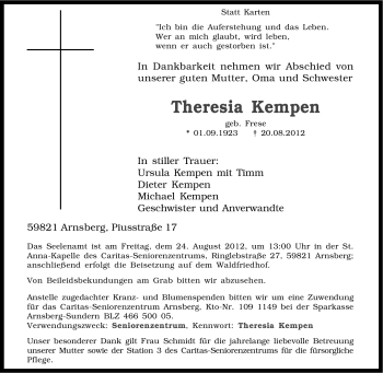 Traueranzeige von Theresia Kempen von Tageszeitung