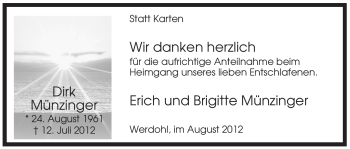 Traueranzeige von Dirk Münzinger von Tageszeitung