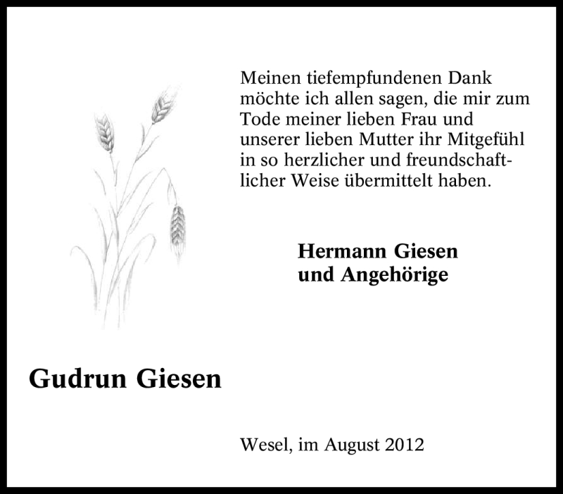  Traueranzeige für Gudrun Giesen vom 04.08.2012 aus Tageszeitung