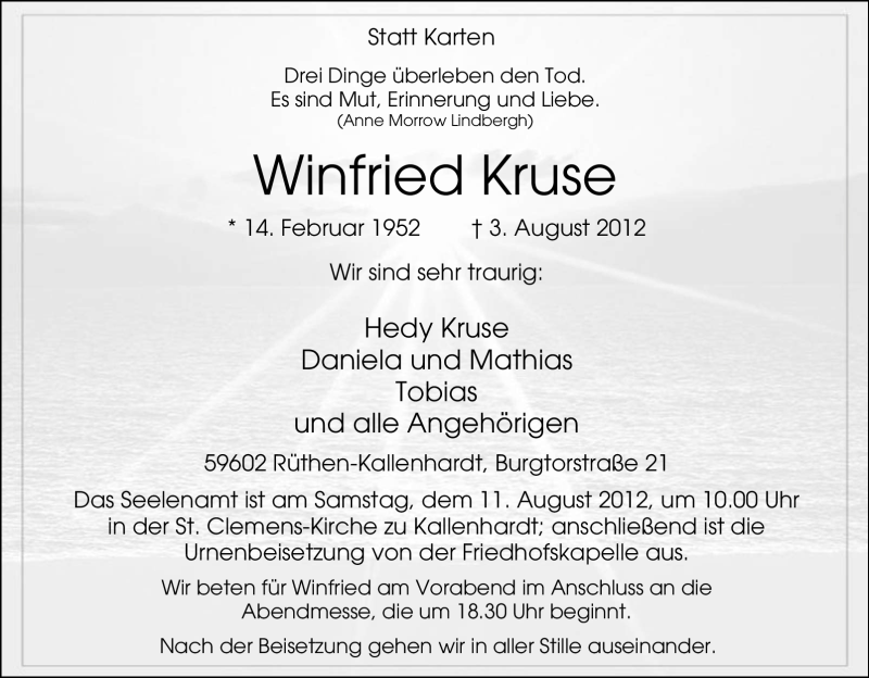  Traueranzeige für Winfried Kruse vom 08.08.2012 aus Tageszeitung