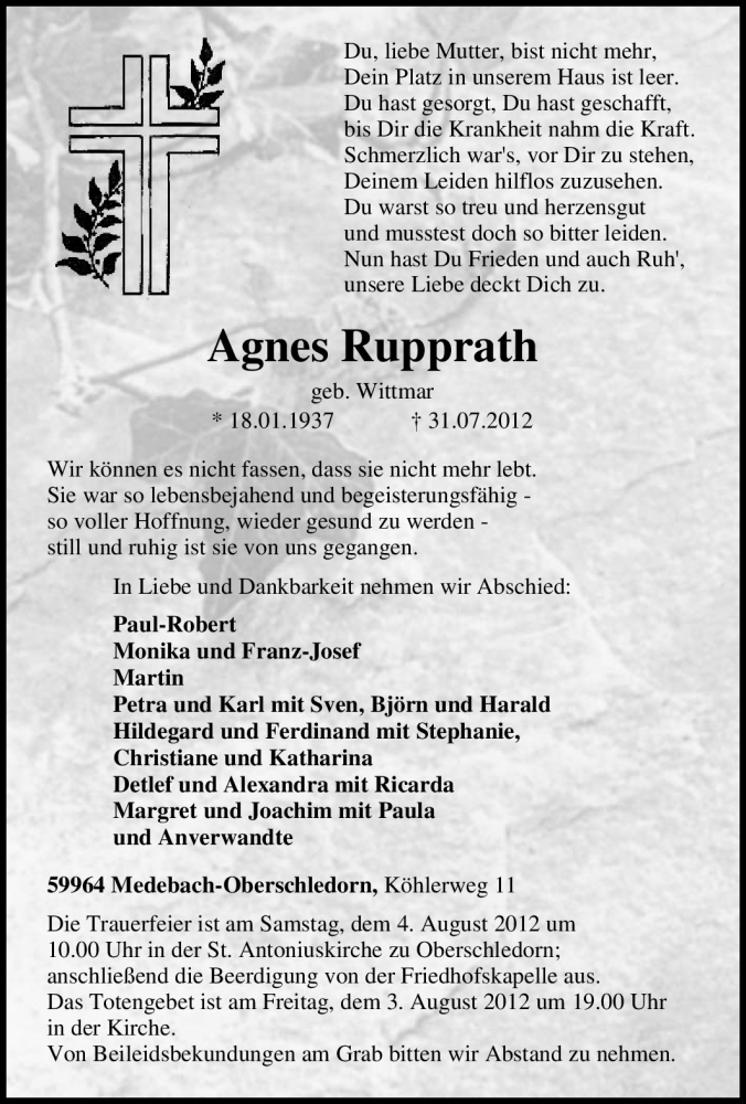  Traueranzeige für Agnes Rupprath vom 02.08.2012 aus Tageszeitung