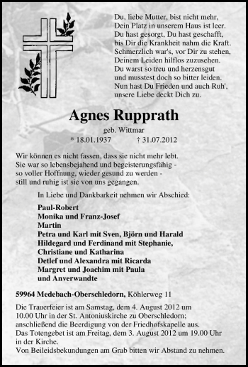 Traueranzeige von Agnes Rupprath von Tageszeitung