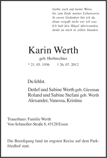 Traueranzeige von Karin Werth von Tageszeitung