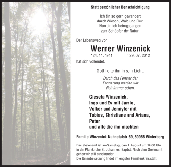 Traueranzeige von Werner Winzenick von Tageszeitung