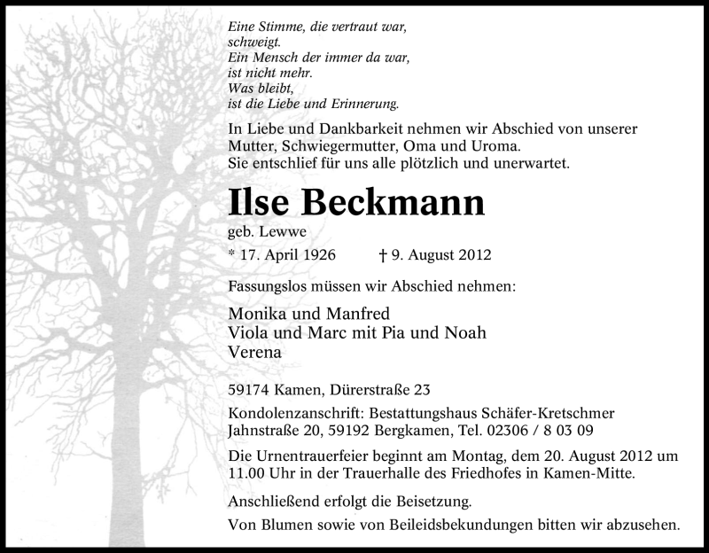  Traueranzeige für Ilse Beckmann vom 15.08.2012 aus Tageszeitung