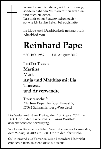 Traueranzeige von Reinhard Pape von Tageszeitung