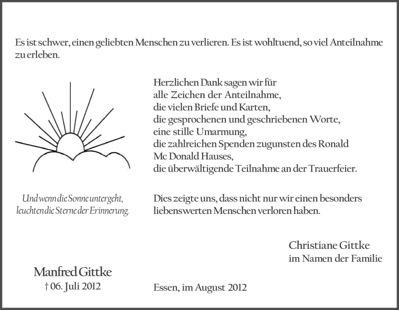  Traueranzeige für Manfred Gittke vom 11.08.2012 aus Tageszeitung