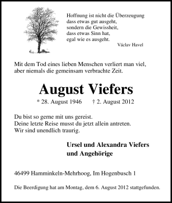 Traueranzeige von August Viefers von Tageszeitung