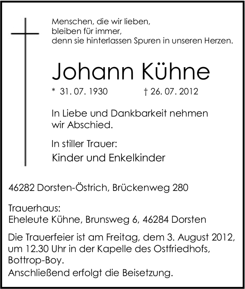  Traueranzeige für Johann Kühne vom 01.08.2012 aus Tageszeitung