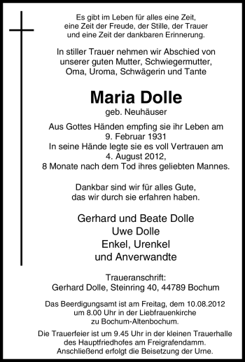 Traueranzeige von Maria Dolle von Tageszeitung