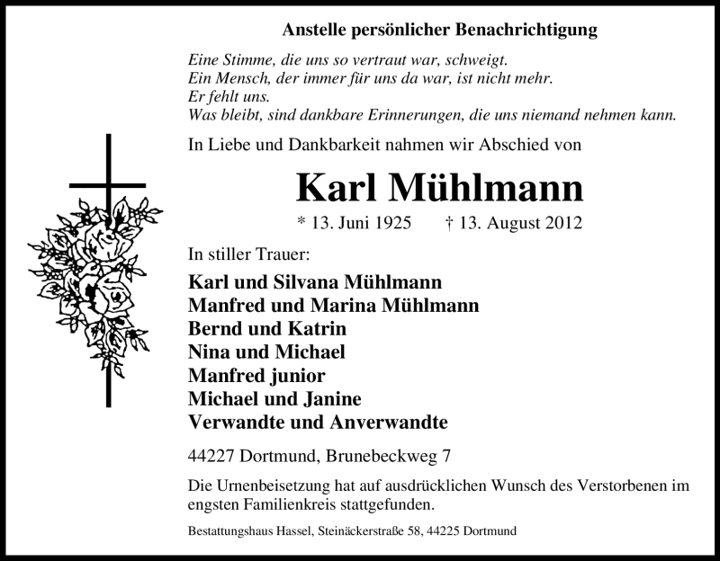 Traueranzeigen von Karl Mühlmann TrauerinNRW.de