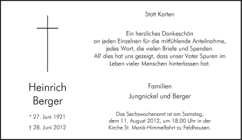 Traueranzeige von Heinrich Berger von Tageszeitung