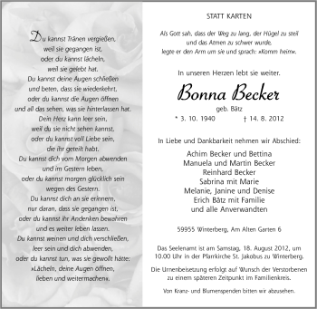 Traueranzeige von Bonna Becker von Tageszeitung