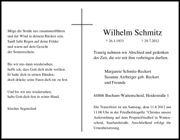 Traueranzeige von Wilhelm Schmitz von Tageszeitung